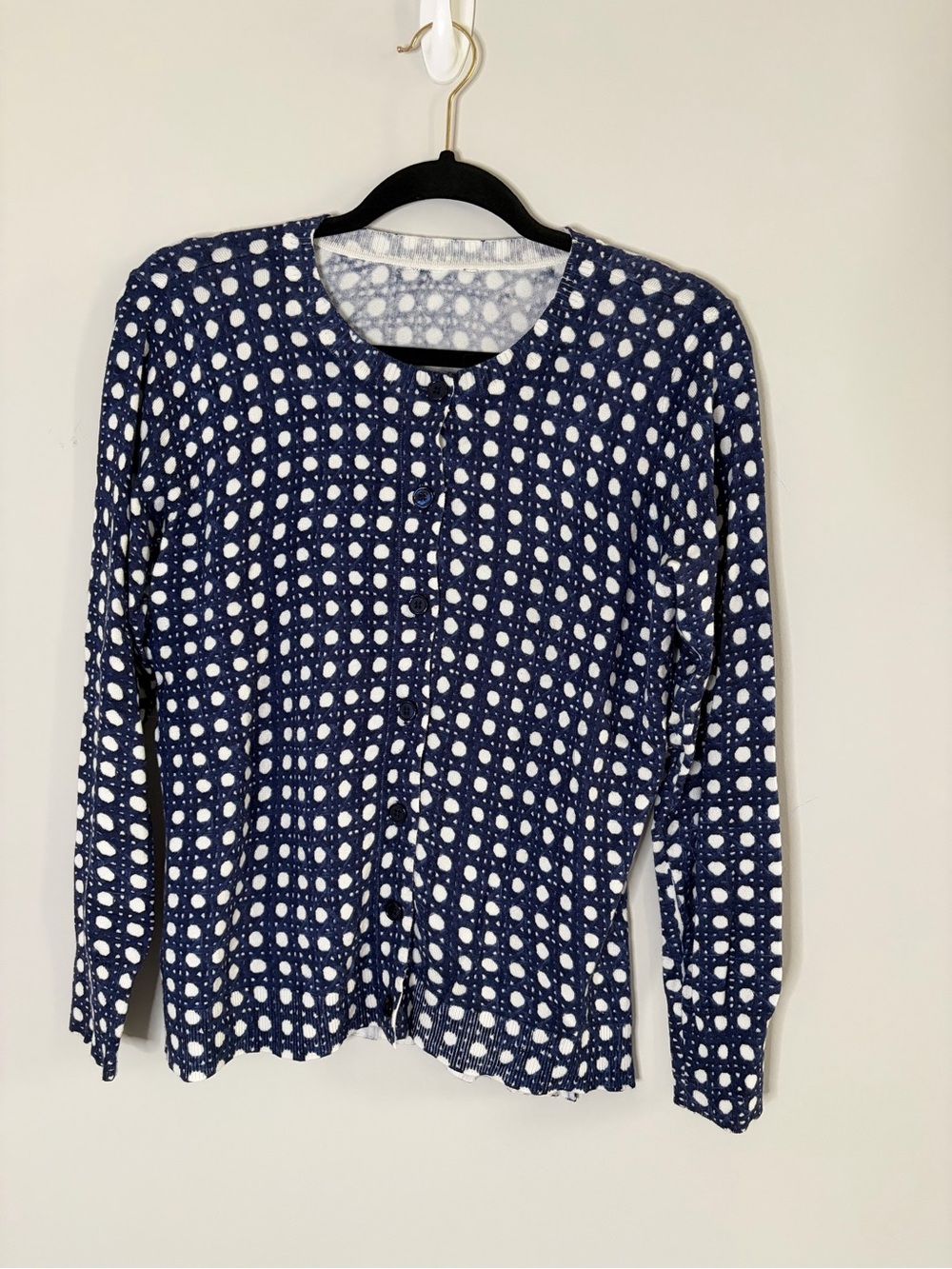 Kim Rogers Navy and White Polka Dot Long Sleeve Button Front Cardigan Size Small
